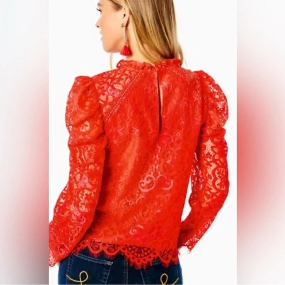 NEW‎ LILLY PULITZER averi long sleeve lace top in ruby red two tone carnival XS